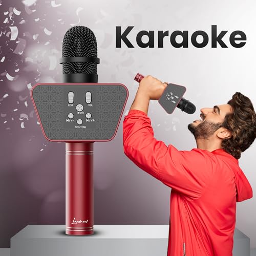 Image of LANDMARK BT55 Handheld Wireless Singing Mic Multi-Function Bluetooth Karaoke Microphone with Inbuilt Bluetooth Speaker, Recorder for Smart Phones, Laptop, Tablet - Red
