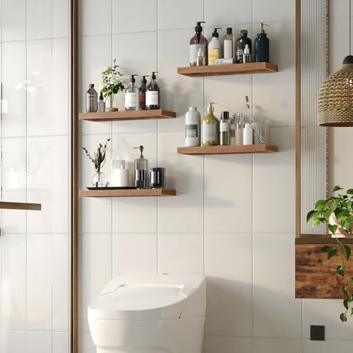Image of HOOBRO Floating Shelves for Wall, Wall Mounted Shelf Set of 2, 23.6 inch Hanging Shelf with Invisible Brackets, for Wall Decor Storage in Bathroom Bedroom Kitchen Living Room Office, Rustic Brown BF60BJ01