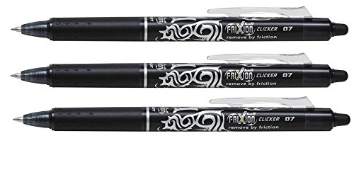 Pilot Frixion Clicker 0,7 mm punta de tinta borrable bolígrafo de Gel diseño de tatuaje de tinta negro (Pack de 3) se vende suelto.