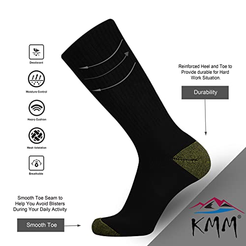 Kmm Men's Cotton Full Thick Cushion Crew Socks Moisture Control Heavy Duty Work Boot Dry Fit Warm Thermal Anti Sweat Blisters(Black+Yellow L) #TOP2