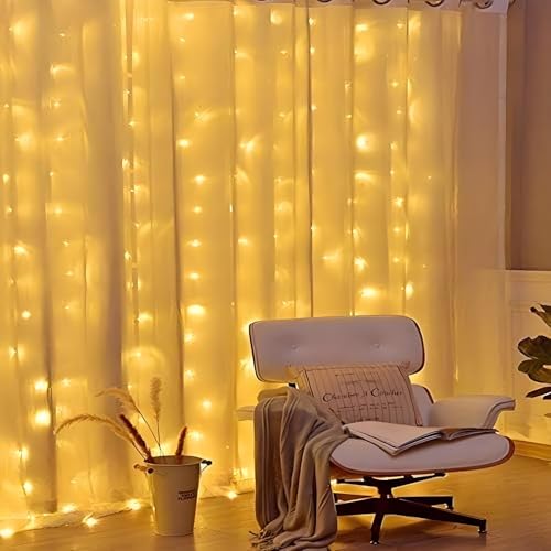 FANSIR Curtain Fairy Lights, 3m×3m 300LED Fairy Lights with 8 Modes Remote Control Timer Adjustable Brightness Waterproof Curtain Light Plug in for Bedroom Garden Party Wedding Christmas (Warm White)