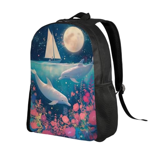 Comfort Fit Unisex Dolphins Moon Sailboat Backpack Durable for Daily Commute & Travel Adventures 16 Inch2