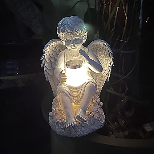 Ange Fée Statuette Avec La Lumière Solaire,Jardin Résine Ange Figurines Ornament Décoration D'ange Pour Pelouse Cimetière Cadeaux Commémoratifs,Ange Gardien Jardin Statuette-Garçon 14.5x15.5x20cm(6x6x