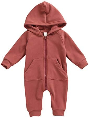 KMBANGI 0-24 Months Baby Girl Boy Zip Up Jumpsuit Hoodie Sweatshirt Romper Long Sleeve Coat with Pocket Warm Fall Winter Outfit (Brick red, 0-3 Months)