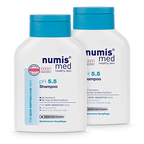 numis med Champú de pH 5.5, 2 unidades de champú calmante para piel muy sensible y sensible, cuidado del cabello vegano sin siliconas, parabenos ni aceite mineral, champú para el cabello (2 x 200 ml)