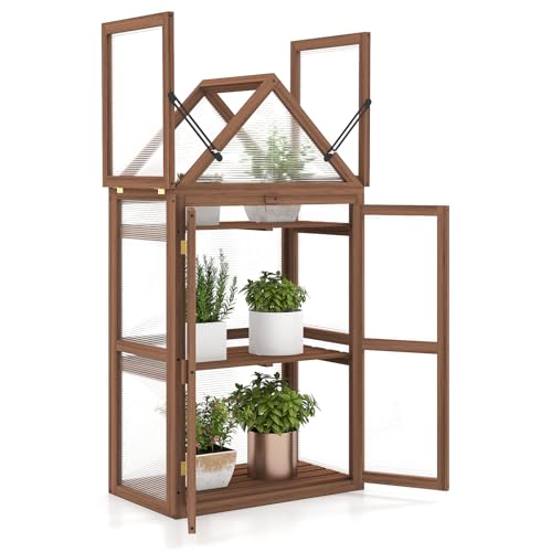 GiantexUK Wooden Greenhouse Garden Cold Frame with Flip-Top Roof Lockable Doors and Removable Shelves Outdoor Vegetable Flower Plant Growhouse for Patio Balcony