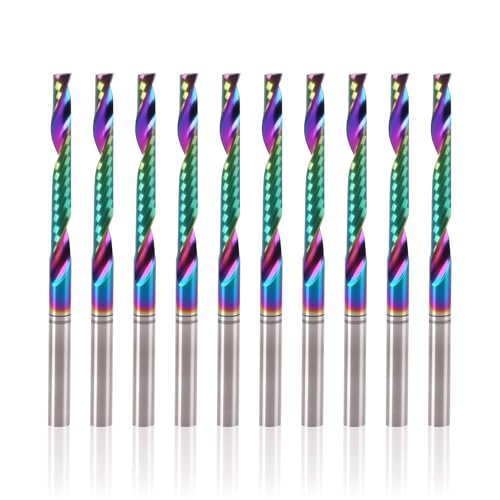 BFVV 10 Pcs O Flute Up Cut Router Bits, 1/8-inch Shank Single Flute CNC End Mill, Spiral Solid Carbide Milling Cutters with DLC Coating, Ideal for Aluminum, Plastic, Acrylic, Wood, MDF and PVC
