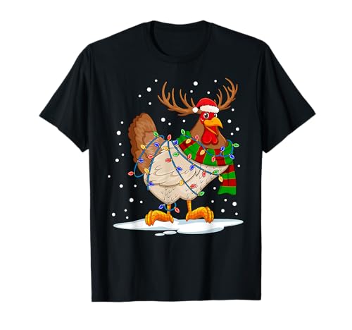 Funny Chicken Christmas Tee Reindeer Christmas Lights Pajama T-Shirt