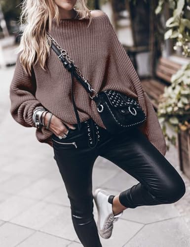 Image of Womens Oversized Sweaters Loose Solid Casual Long Sleeve Mock Neck Knitted Jumper Tops