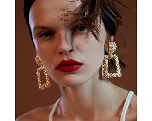 Gold Statement Geometric Dangle Earrings, Big Rectangle Drop Earrings for Women & Fashion Large Stud Earrings for Girls (A1-Gold) - Image 4