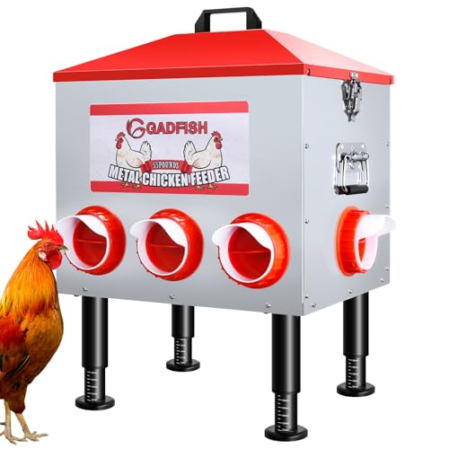 GADFISH 55LBS Large Capacity Automatic Chicken Feeder - 8 Feeding Ports, Anti-Waste Design, Height-Adjustable Legs & Secure Locking Lid for Chickens, Ducks & Poultry