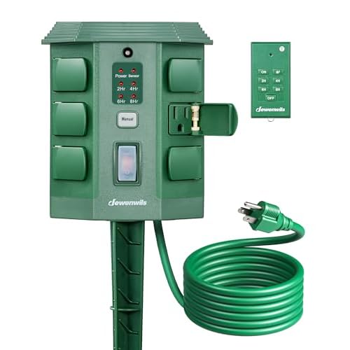DEWENWILS Outdoor Power Stake Timer, 1800W/15A Digital Timer with 6 Grounded Outlets, 6FT 14/3C Extension Cord, Waterproof Heavy Duty Outlet for Lights, Yard, Garden, ETL Listed Green