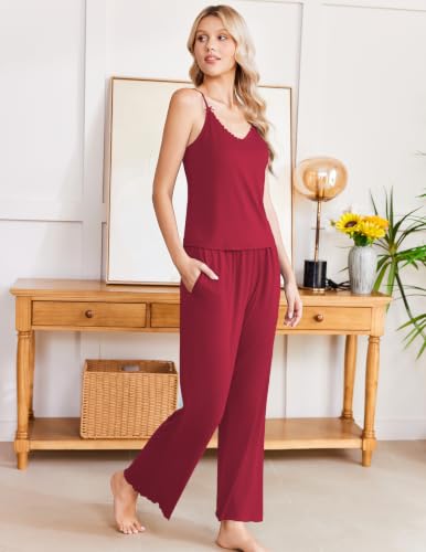 Image of Ekouaer Womens Y2K Cami Pajama Set with Flare Pants, 2 Piece Lace Trim Sleepwear Spaghetti Strap Pjs Set XS-2XL