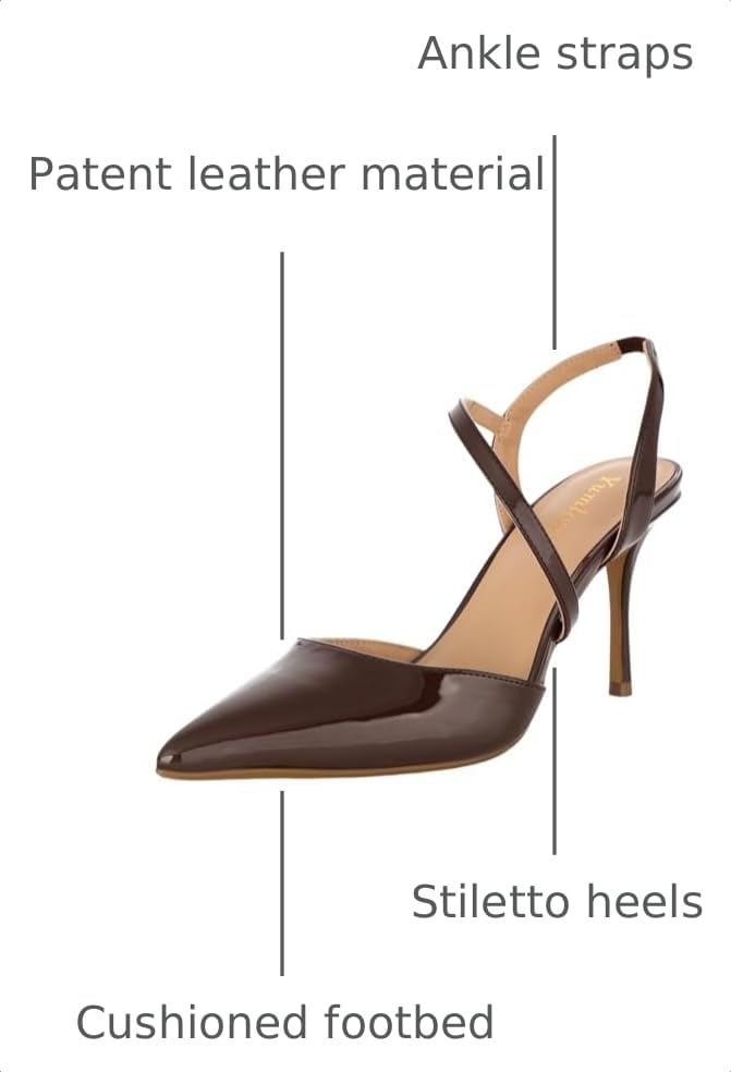 Image of Closed Toe Slingback Heels Wedding High Stiletto Heel for Women 3.3 Inch Ankle Strap Pointed Toe Pumps Prom Dress Bride Shoes for Dinner Party Sexy Coffee Patent