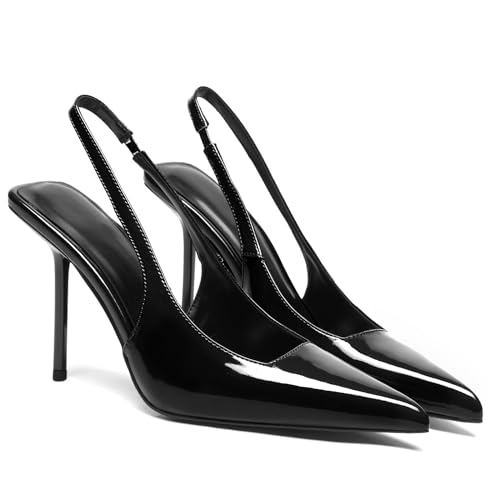 Women's Slingback Stiletto High Heels Pointed Toe Slip On Pumps Shoes Patent Leather Stretch Strap Backless Dress Heels