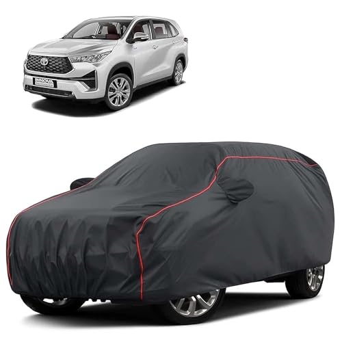 Image of Sulfar 100% Water Resistant Car Body Cover Compatible with Mirror for Toyota Innova Hycross (Triple Stitched, Full Bottom Elastic, Dark Grey Tafetta with Red Piping)