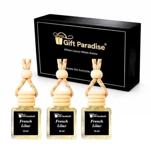 Gift Paradise French Lilac Car Air Freshener Set of 3 with Magnetic Gift Box 10 ml Hanging Diffuser Bottles with Wooden Lid Fresh Floral Spring Scent for Car Home & Closet Luxury Gift Set