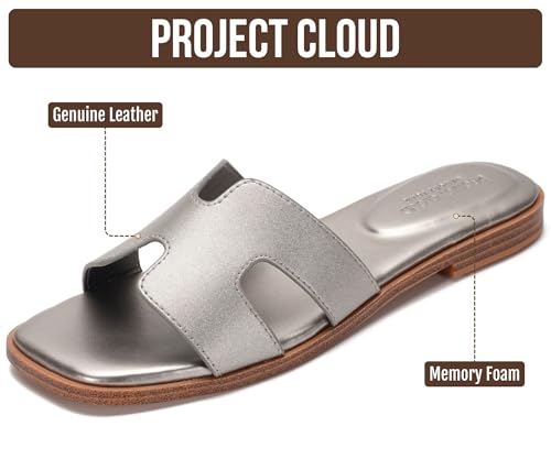Image of Project Cloud 100% Genuine Leather Sandals for Women 2026 - Fashion Flat Womens Sandals with Memory Foam Insole Slides Sandals Women Footwear - Mules Women's Sandals (Jannel)