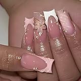 Handmade Press on Nails Medium Square Flower Fake Nails with 3D Water Rpple Pearl Designs French False Nail Full Cover Acrylic Nails Stick on Nail for Women Nails Manicure Decoration 24 Pcs