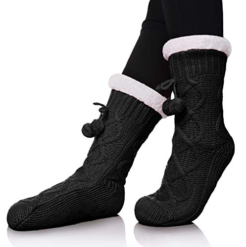 ZaYang Womens Winter Super Soft Knit Fuzzy Cozy Fleece lined Warm Non-Skid Slipper Socks (Ball-Black)