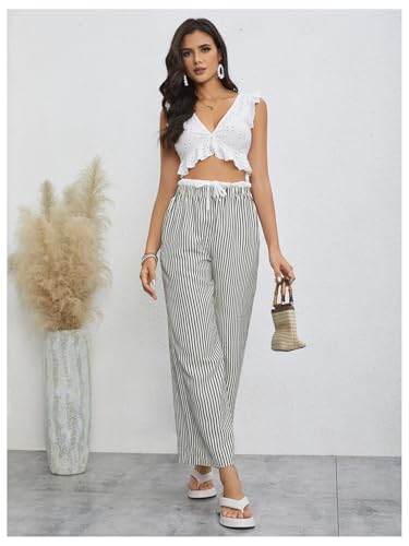 Women's Drawstring Waist Striped Trousers Straight Leg Pants2