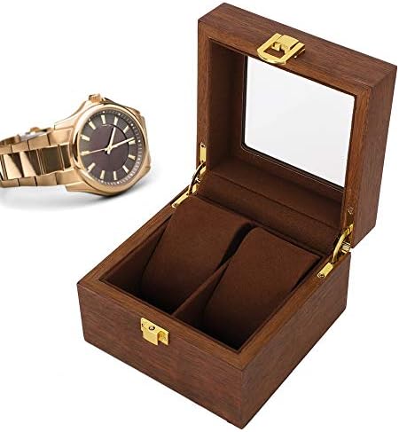 yuytee Watch Box Jewelry Display Case, 2 Slot Clamshell Watch Storage Box Organizer, Black Walnut Color