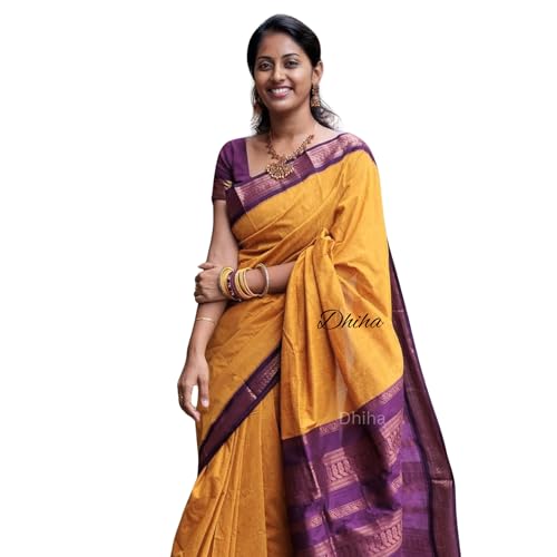 Image of DHIHA Gadwal Cotton Saree for Women | Pure Kalyani Cotton Saree with Zari Border Tassels & Blouse | Kanjivaram Linen Silk | Handloom Weave