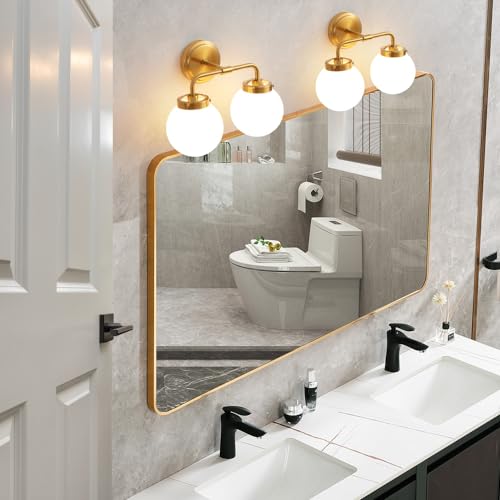 Image of Bathroom Light Fixtures 14in 2-Light Brushed Gold Vanity Light for Mirror | Bathroom Lighting Fixtures over Mirror, ETL, Brushed Brass Wall Sconce, Dimmable E12 Base Max 60W, Milky Glass Ball Shades