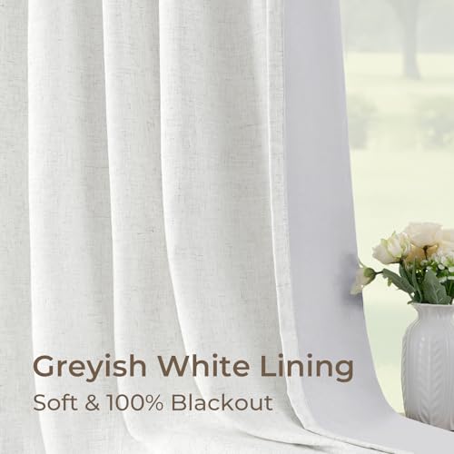 Pinch Pleated Blackout Curtains 90 Inches Long, Linen Blend, 100% Blackout Drapes with 20 Hooks, Ideal for Bedroom and Living Room, 40" W x 90" L (Pack of 2), Neutral White