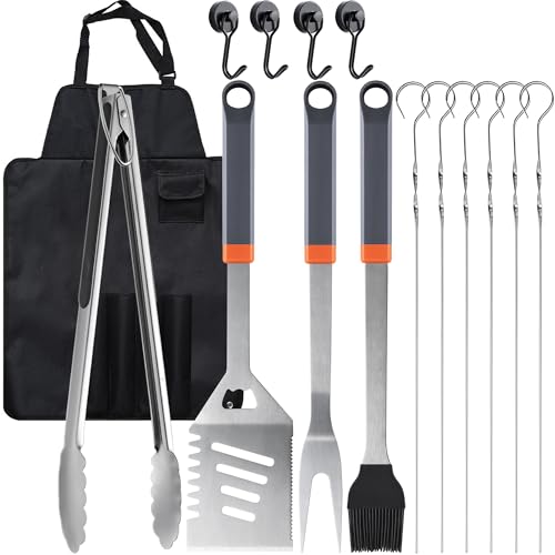 15-Piece Grill Set, BBQ Grilling Accessories with Tongs & Spatula, Stainless Steel Grill Utensils Set with Hooks & Apron Storage Bag for Outdoor Cooking, Camping, Practical Gifts for Men Dad