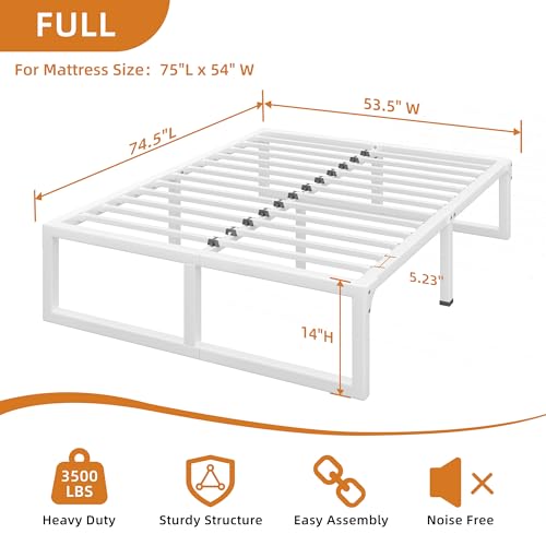 Image of 14 Inch Metal Full Size Bed Frame with Steel Support, Noise-Free | Easy Assembly, Underbed Storage, U-Shaped Groove, 6 Mattress Baffles, No Box Spring Needed, Rubber Pads, Squeak Free, White