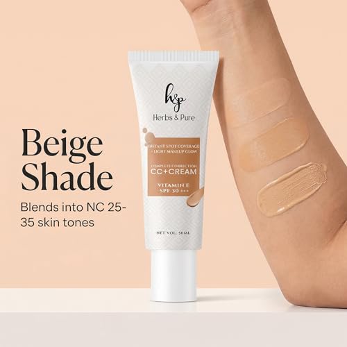 Image of Herbs & Pure CC+ Cream with Vitamin E & Niacinamide, SPF 30 PA+++ | Conceals Dark Spots, Evens Skin Tone | Lightweight Tinted Moisturizer for Women, Natural Glow Instant Spot Coverage, Beige Shade, 50ml
