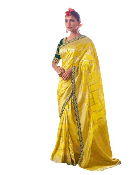 THATH BANARAS Women's Printed Pure Dola Silk Saree with Fancy Lace Border (Color:-Yellow & Green)