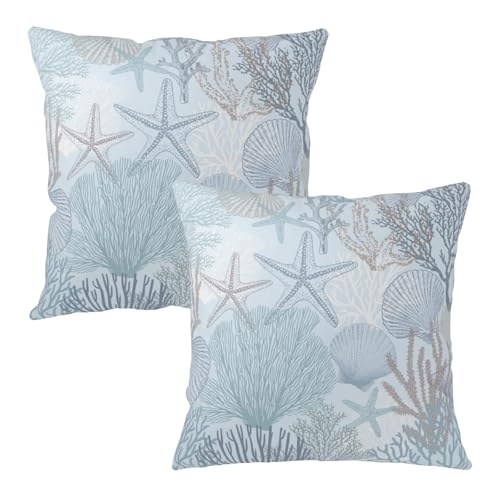 Kwlegh Nautical Coastal Pillow Covers Summer Ocean Themed Throw Pillow Covers 16x16 Set of 2 Seashells Coral Starfish Beach Pillowcase Double Sided Printing Cushion Case for Couch Sofa
