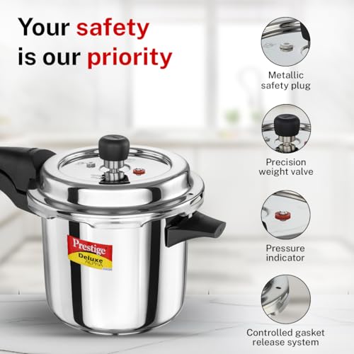 Image of Prestige 3.5 Litre Stainless Steel Deluxe Alpha Svachh Outerlid Pressure Cooker |Deep lid for spillage control|10 years warranty|Gas & Induction compatible|Gasket release system|ISI Certified