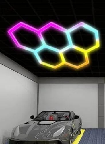 Luz De Garaje Hexagonal RGB,Luces de Garaje hexagonales,luz Led Hexagonal para Garaje, luz Nido de Abeja led para Techo Apto para peluquerías, Bares, restaurantes, gimnasios【Clase energética A】