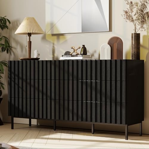 UEV Black Fluted Dresser for Bedroom, 59' Wide Wood...