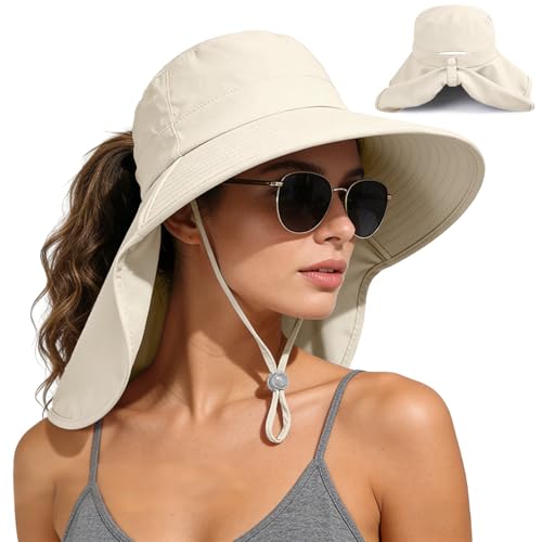 Sun Hat for Women with Neck Flap Ponytail Hole Women Sun Hat Rollable UV Protection Fishing Hat Wide Brim UPF 50+(Beige)