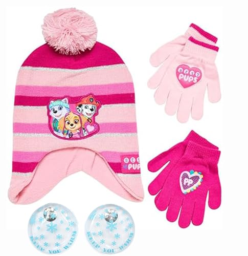 Nickelodeon Paw Patrol Girls Winter Hat and 2 Pair Mittens or Gloves (Age 2-7), Size Age 4-7, Paw Patrol Light/Dark Pink Glove with Handwarmers