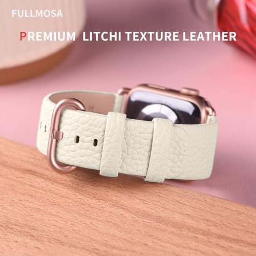 Image of Fullmosa Compatible with Apple Watch Band 45mm 44mm 42mm 41mm 40mm 38mm Stainless Steel Buckle, Leather Watch Strap for iWatch Series 8 /7 /6 /SE /5 /4 /3 /2 /1 for Men Women, Ivory White /Rose Gold Buckle