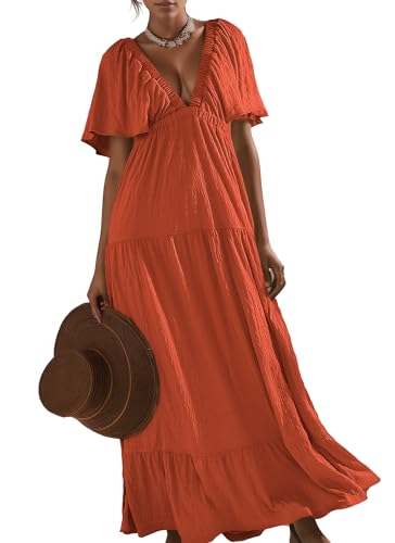 Image of Kikibell Women Summer Dresses Sexy V-Neck Maxi Dress Tiered Silhouette with Flutter Sleeve Backless Elastic Waist Flowy Dress