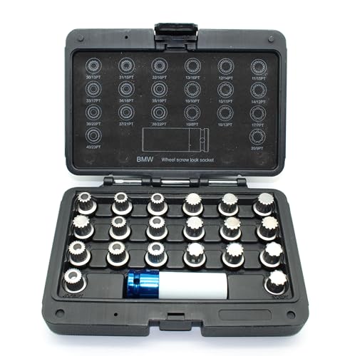 Image of TMAX 21 pc Wheel Lock Lugnut Anti-Theft Lug Nut Screw Removal Key Socket Set Compatible for Bmw with 1 /2 Inch Socket Adapter