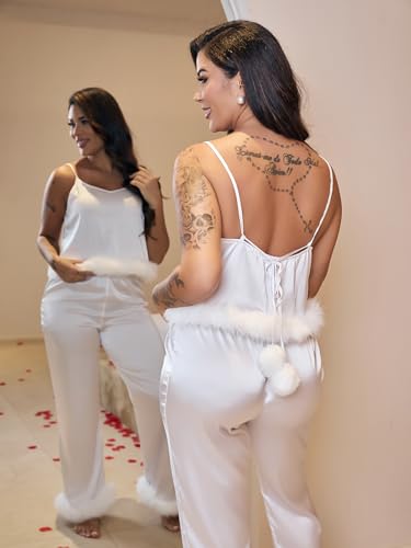 Luxury Satin Pajama Set with Fur Trim 2 Piece White Bridal Sleepwear3