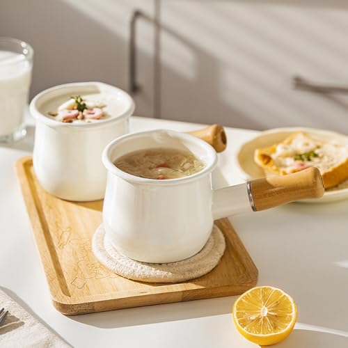 YumCute Home Enamel Milk Pan, Mini Butter Warmer 4 Inch 17 Oz Milk Pot Enamel Sauce Pan Milk Warmer Pot Small Cookware with Wooden Handle, Perfect Size for Heating Smaller Liquid Portions. (White) - Image 6