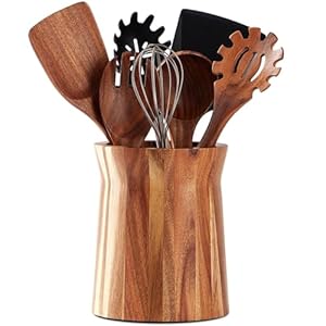 Wooden Utensil Holder for Countertop, 360° Rotating Kitchen Utensil Holder, 7.2″x 6″ Large Acacia Cooking Utensil Holder for Kitchen Counter, Farmhouse Kitchen Decor
