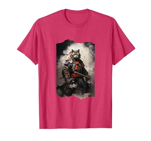 Image of Japanese Samurai Cat T-Shirt, Men, Red Heather, X-Large