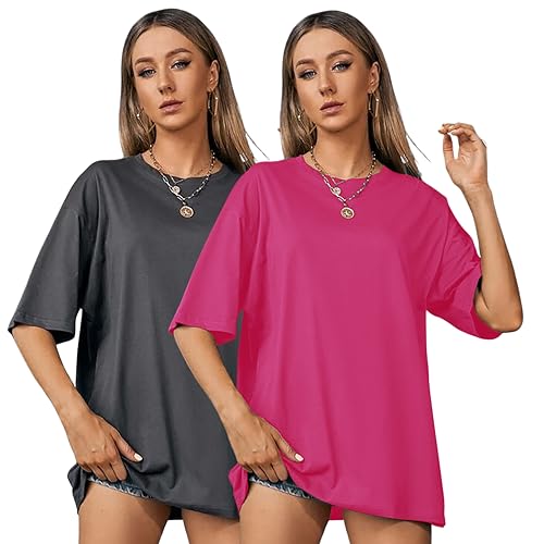 Image of London Hills Women's Cotton Loose Casual Round Neck Solid, Drop Shoulder T-Shirt Pack of 2