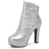  Lizoleor Femmes Bout Rond Robe Talons Hauts Bottillons Plateforme Mariage Warm Slouch Bloc Classique Frange Bottillons Argent Taille 37 EU/38Cn