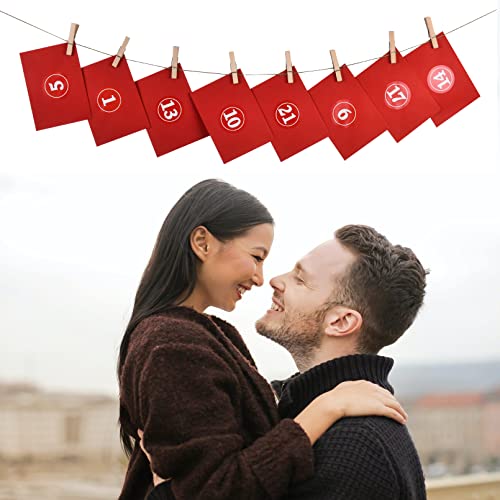 KOHMUI Adventskalender mit 24 Karten Ich Liebe Dich, Weil in 24 roten Umschlägen, Kärtchen mit 24 Zahlenaufkleber, Ein Natur Seil, 24 Holzklammern für Männer, Frauen, Paare