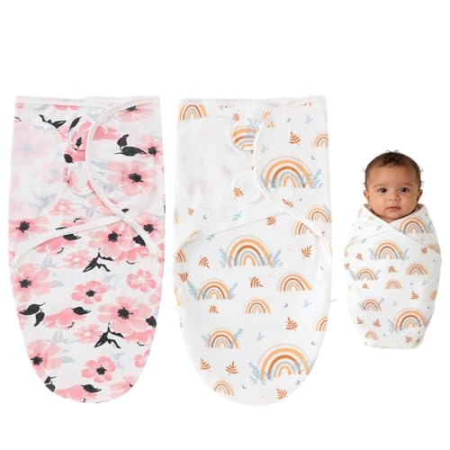 GNALIA Saco De Dormir Bebe 2 Uds Manta Arrullo 100% Algodón Para Recién Nacidos 0-3 Meses 73X50Cm Estampado arcoíris caqui, estampado floral